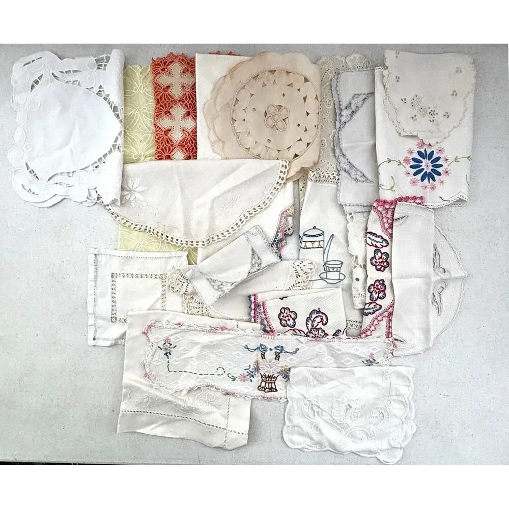 Vintage Cutter Linen Lot Doilies Dresser Scarves Runners Lot Cottagecore Craft